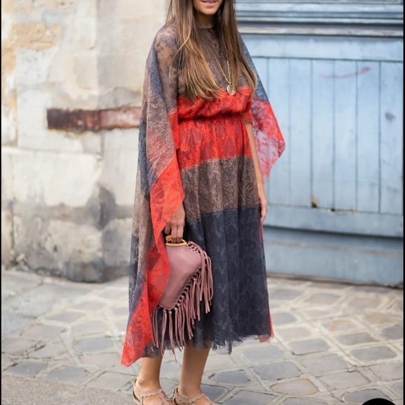 Valentino- Runway 2014 Multicolored Lace Sheer Cutout Cape Midi Dress - Picture 3 of 12